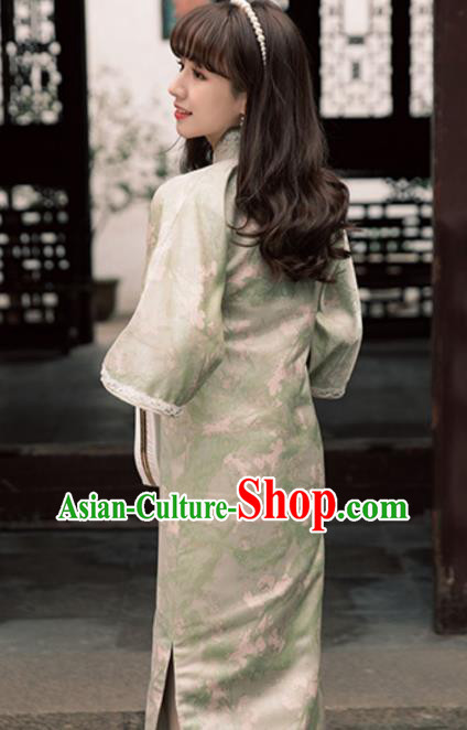 Chinese Traditional Young Lady Clothing Light Green Qipao Dress National Wide Sleeve Silk Cheongsam Chinese Traditional Young Lady Clothing Light Green Qipao Dress National Wide Sleeve Silk Cheongsam