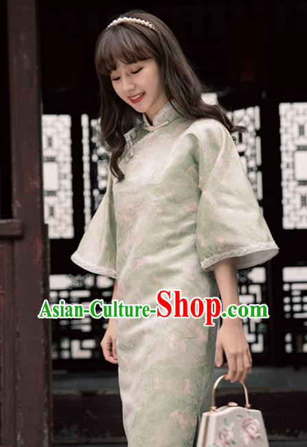 Chinese Traditional Young Lady Clothing Light Green Qipao Dress National Wide Sleeve Silk Cheongsam Chinese Traditional Young Lady Clothing Light Green Qipao Dress National Wide Sleeve Silk Cheongsam