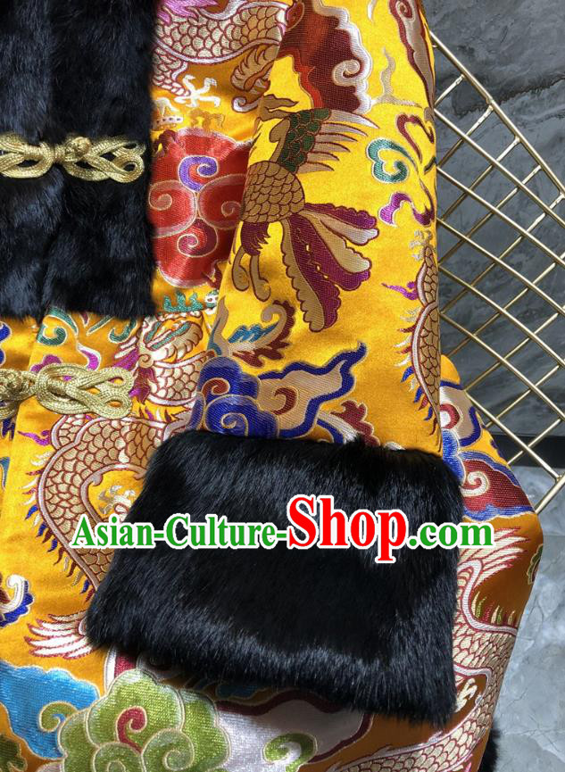 China Woman Classical Dragon Pattern Golden Brocade Jacket Traditional Tang Suit Cotton Padded Coat China Woman Classical Dragon Pattern Golden Brocade Jacket Traditional Tang Suit Cotton Padded Coat