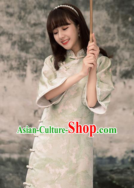 Chinese Traditional Young Lady Clothing Light Green Qipao Dress National Wide Sleeve Silk Cheongsam Chinese Traditional Young Lady Clothing Light Green Qipao Dress National Wide Sleeve Silk Cheongsam