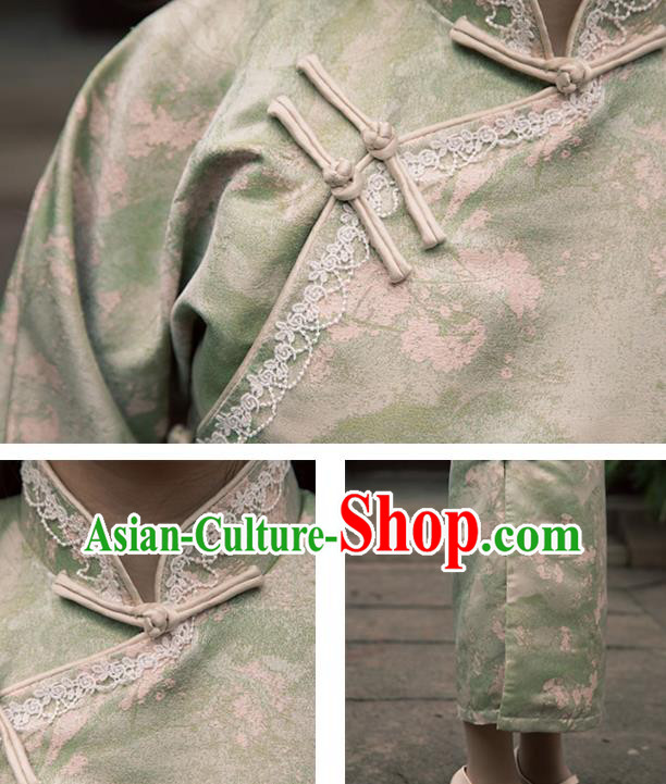 Chinese Traditional Young Lady Clothing Light Green Qipao Dress National Wide Sleeve Silk Cheongsam Chinese Traditional Young Lady Clothing Light Green Qipao Dress National Wide Sleeve Silk Cheongsam