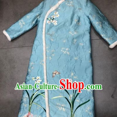 Chinese National Women Clothing Classical Embroidered Orchids Blue Qipao Dress Traditional Winter Cheongsam
