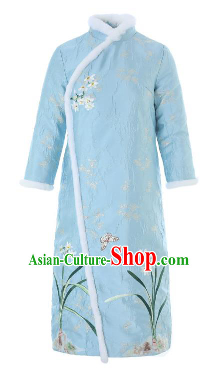 Chinese National Women Clothing Classical Embroidered Orchids Blue Qipao Dress Traditional Winter Cheongsam Chinese National Women Clothing Classical Embroidered Orchids Blue Qipao Dress Traditional Winter Cheongsam