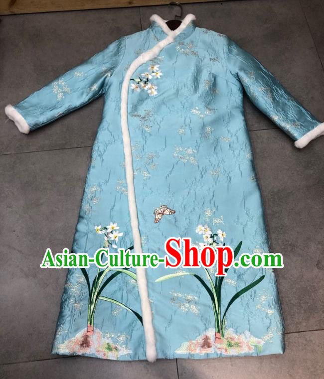 Chinese National Women Clothing Classical Embroidered Orchids Blue Qipao Dress Traditional Winter Cheongsam Chinese National Women Clothing Classical Embroidered Orchids Blue Qipao Dress Traditional Winter Cheongsam