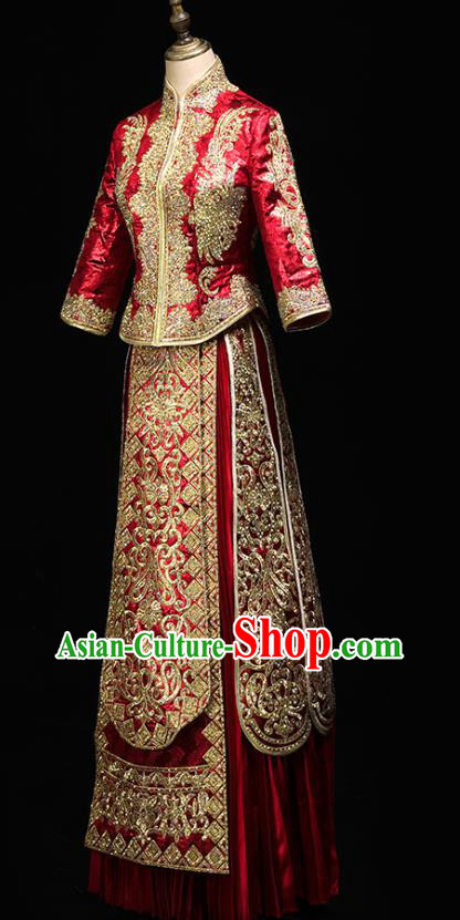 Chinese Wedding Toast Outfits Clothing Bride Costumes Traditional Embroidery Red Xiuhe Suit Chinese Wedding Toast Outfits Clothing Bride Costumes Traditional Embroidery Red Xiuhe Suit