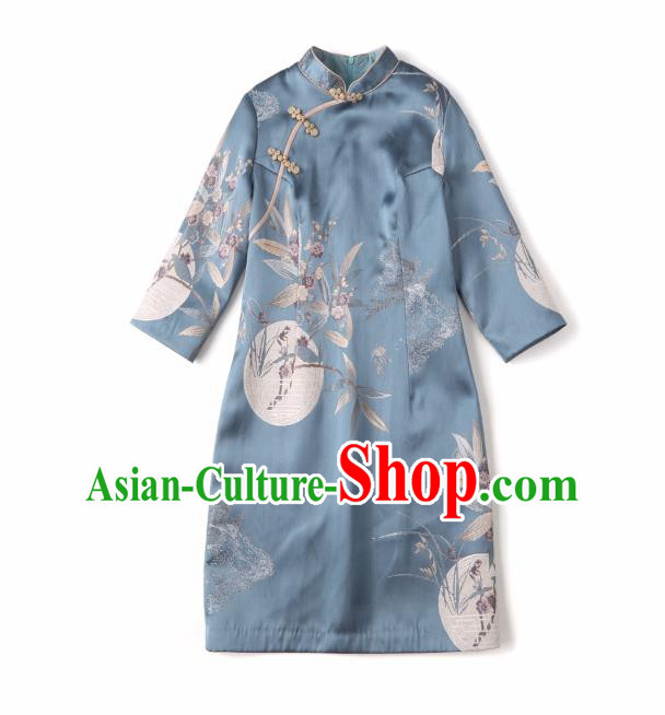 Chinese Classical Plum Blossom Pattern Blue Qipao Dress National Women Clothing Traditional Silk Cheongsam Chinese Classical Plum Blossom Pattern Blue Qipao Dress National Women Clothing Traditional Silk Cheongsam