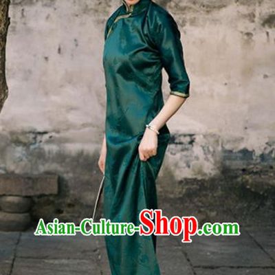 Chinese Classical Deep Green Brocade Qipao Dress National Cheongsam Traditional Shanghai Woman Clothing