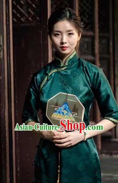 Chinese Classical Deep Green Brocade Qipao Dress National Cheongsam Traditional Shanghai Woman Clothing Chinese Classical Deep Green Brocade Qipao Dress National Cheongsam Traditional Shanghai Woman Clothing