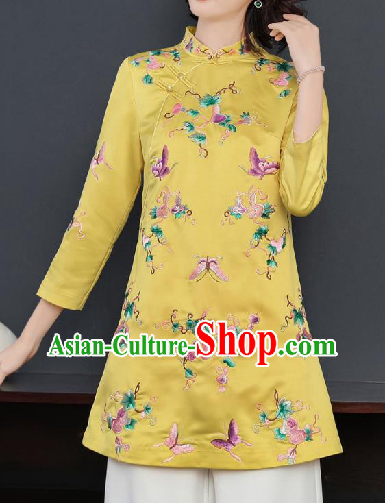 China Winter Woman Embroidered Butterfly Yellow Brocade Jacket Traditional Tang Suit Coat China Winter Woman Embroidered Butterfly Yellow Brocade Jacket Traditional Tang Suit Coat