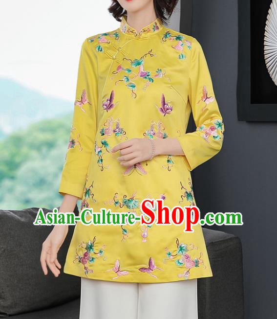 China Winter Woman Embroidered Butterfly Yellow Brocade Jacket Traditional Tang Suit Coat China Winter Woman Embroidered Butterfly Yellow Brocade Jacket Traditional Tang Suit Coat