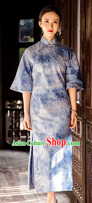 Chinese National Women Cheongsam Traditional Tie Dye Clothing Classical Blue Qipao Dress Chinese National Women Cheongsam Traditional Tie Dye Clothing Classical Blue Qipao Dress