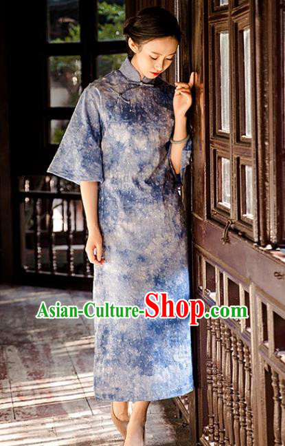 Chinese National Women Cheongsam Traditional Tie Dye Clothing Classical Blue Qipao Dress Chinese National Women Cheongsam Traditional Tie Dye Clothing Classical Blue Qipao Dress