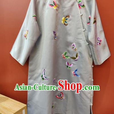 Chinese National Women Clothing Traditional Embroidered Butterfly Grey Silk Cheongsam Classical Qipao Dress