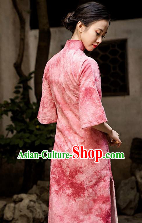 Chinese Classical Pink Qipao Dress National Women Cheongsam Traditional Tie Dye Clothing Chinese Classical Pink Qipao Dress National Women Cheongsam Traditional Tie Dye Clothing