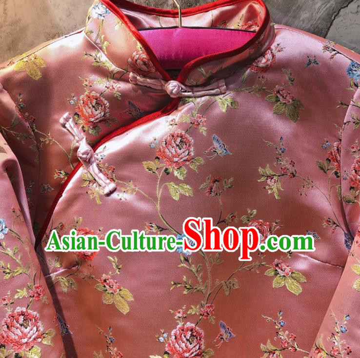 China Woman Classical Rose Pattern Pink Brocade Cotton Padded Jacket Traditional Tang Suit Overcoat China Woman Classical Rose Pattern Pink Brocade Cotton Padded Jacket Traditional Tang Suit Overcoat