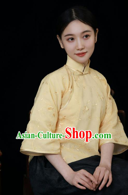 China Tang Suit Upper Outer Garment Slant Opening Blouse Classical Light Yellow Cheongsam Shirt China Tang Suit Upper Outer Garment Slant Opening Blouse Classical Light Yellow Cheongsam Shirt