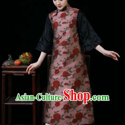 Chinese Classical Deep Pink Long Vest Dress National Cheongsam Traditional Women Clothing