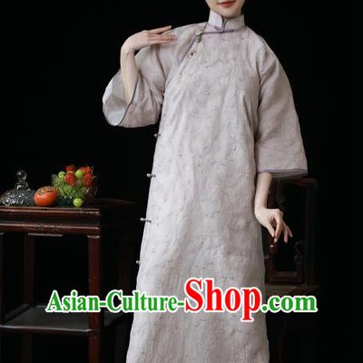 Chinese Traditional Women Embroidered Clothing Classical Lilac Qipao Dress National Wide Sleeve Cheongsam