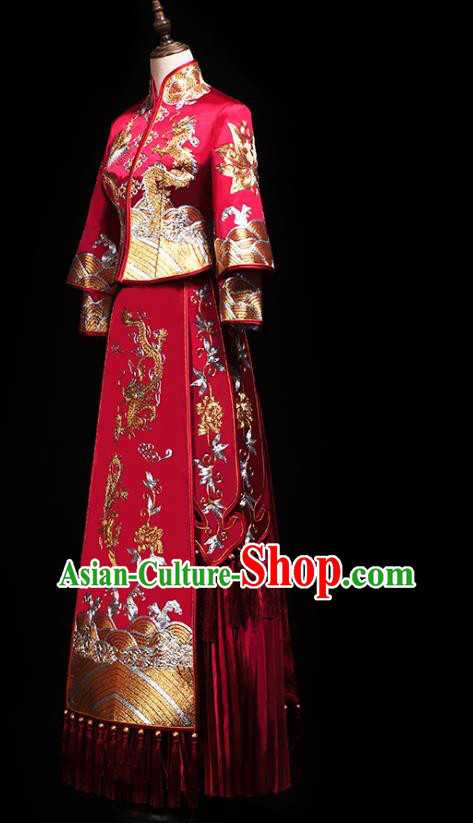 Chinese Traditional Embroidery Dragon Phoenix Red Xiuhe Suit Wedding Toast Outfits Clothing Bride Costumes Chinese Traditional Embroidery Dragon Phoenix Red Xiuhe Suit Wedding Toast Outfits Clothing Bride Costumes