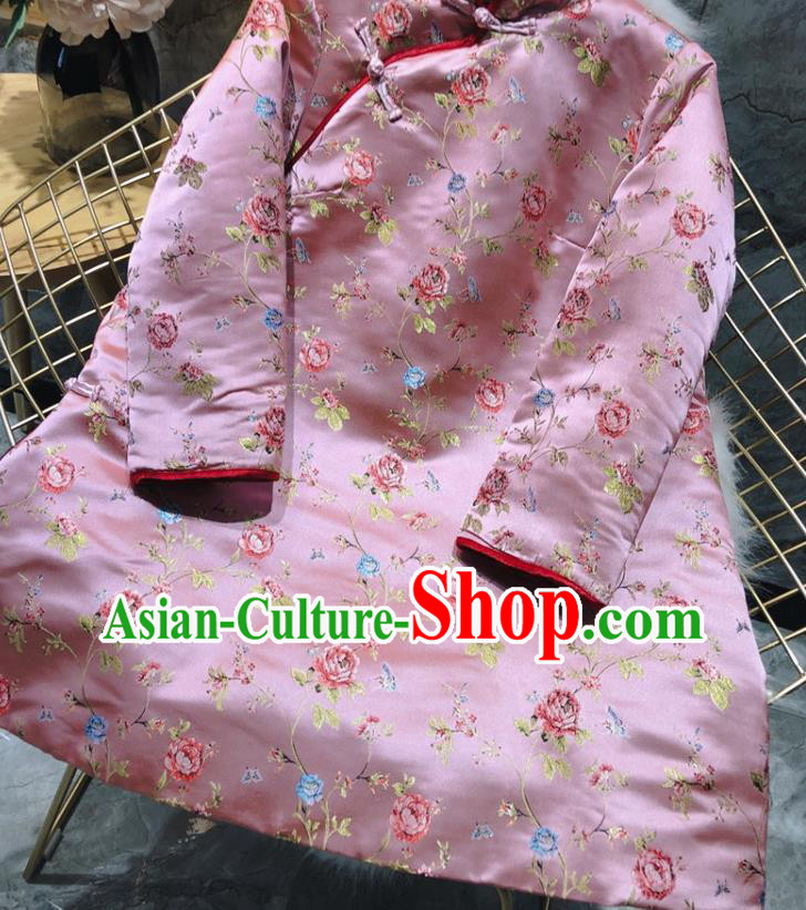 China Woman Classical Rose Pattern Pink Brocade Cotton Padded Jacket Traditional Tang Suit Overcoat China Woman Classical Rose Pattern Pink Brocade Cotton Padded Jacket Traditional Tang Suit Overcoat