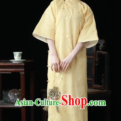 Chinese National Women Cheongsam Traditional Embroidered Clothing Classical Light Yellow Qipao Dress