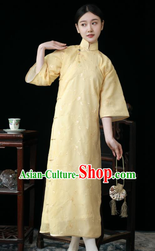 Chinese National Women Cheongsam Traditional Embroidered Clothing Classical Light Yellow Qipao Dress Chinese National Women Cheongsam Traditional Embroidered Clothing Classical Light Yellow Qipao Dress