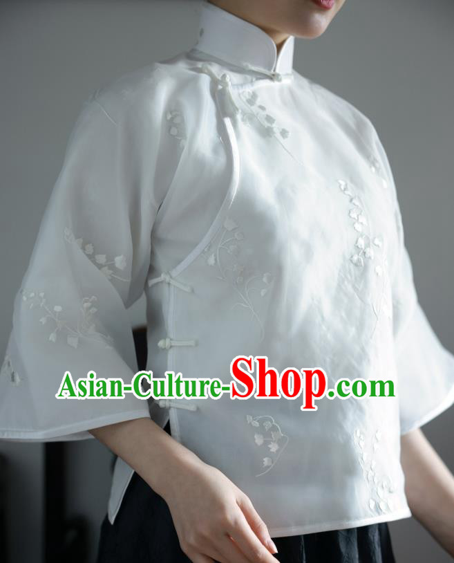 China Classical White Organza Shirt Tang Suit Upper Outer Garment Cheongsam Wide Sleeve Blouse China Classical White Organza Shirt Tang Suit Upper Outer Garment Cheongsam Wide Sleeve Blouse