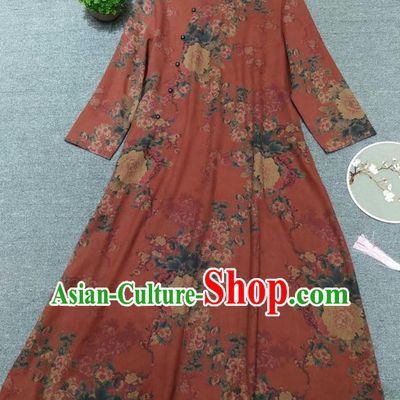 Chinese Classical Red Qipao Dress Traditional Peony Pattern Cheongsam National Women Clothing