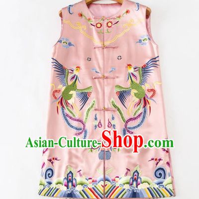 Chinese Embroidered Phoenix Pink Silk Vest National Women Clothing Tang Suit Waistcoat