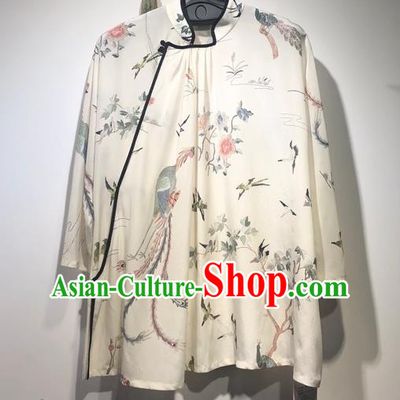 China Traditional Tang Suit White Silk Blouse Woman Printing Phoenix Peony Shirt Upper Outer Garment