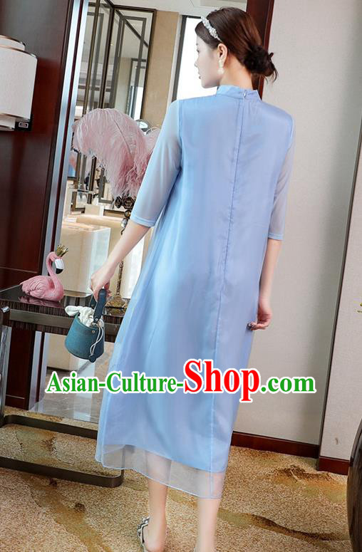 Chinese National Women Clothing Traditional Embroidered Blue Chiffon Cheongsam Classical Qipao Dress Chinese National Women Clothing Traditional Embroidered Blue Chiffon Cheongsam Classical Qipao Dress