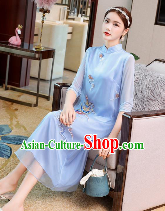 Chinese National Women Clothing Traditional Embroidered Blue Chiffon Cheongsam Classical Qipao Dress Chinese National Women Clothing Traditional Embroidered Blue Chiffon Cheongsam Classical Qipao Dress
