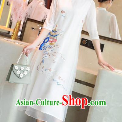 Chinese Traditional Embroidered White Chiffon Cheongsam Classical Qipao Dress National Women Clothing