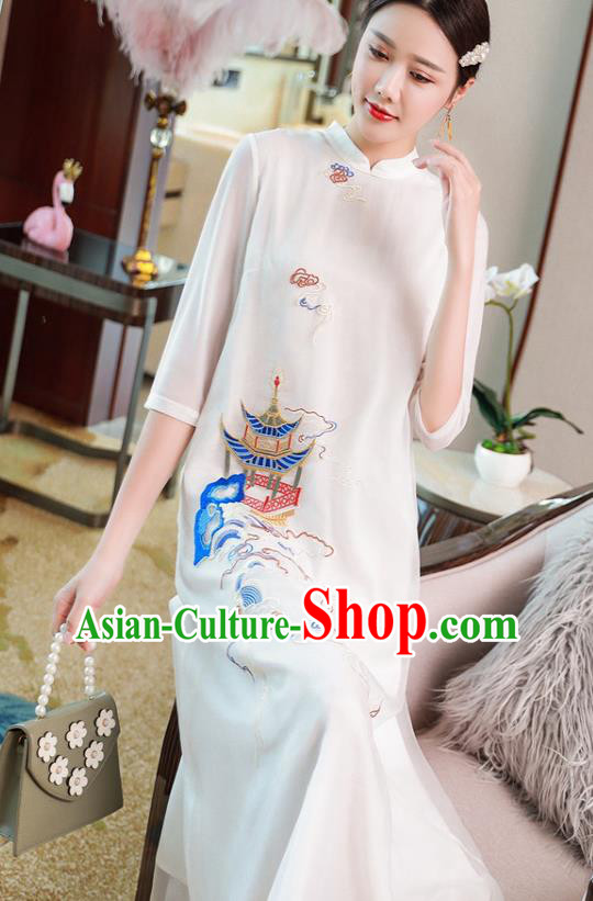 Chinese Traditional Embroidered White Chiffon Cheongsam Classical Qipao Dress National Women Clothing Chinese Traditional Embroidered White Chiffon Cheongsam Classical Qipao Dress National Women Clothing