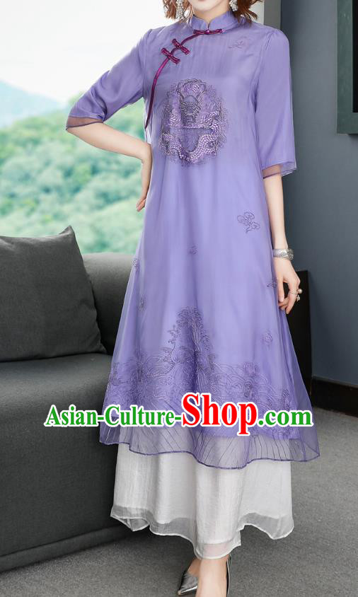 Chinese Traditional Embroidered Dragon Purple Chiffon Cheongsam Women Classical Qipao Dress Chinese Traditional Embroidered Dragon Purple Chiffon Cheongsam Women Classical Qipao Dress