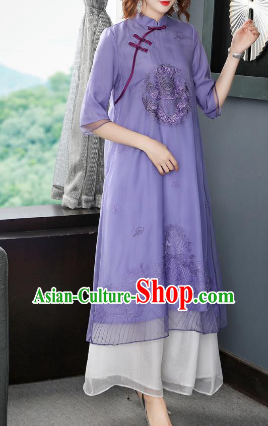 Chinese Traditional Embroidered Dragon Purple Chiffon Cheongsam Women Classical Qipao Dress Chinese Traditional Embroidered Dragon Purple Chiffon Cheongsam Women Classical Qipao Dress