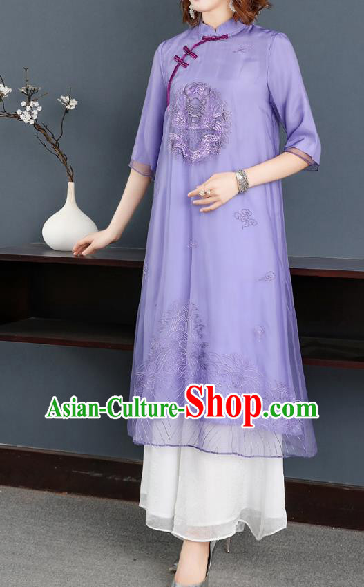 Chinese Traditional Embroidered Dragon Purple Chiffon Cheongsam Women Classical Qipao Dress Chinese Traditional Embroidered Dragon Purple Chiffon Cheongsam Women Classical Qipao Dress