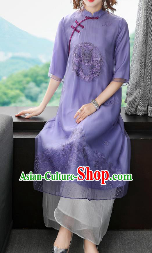 Chinese Traditional Embroidered Dragon Purple Chiffon Cheongsam Women Classical Qipao Dress Chinese Traditional Embroidered Dragon Purple Chiffon Cheongsam Women Classical Qipao Dress