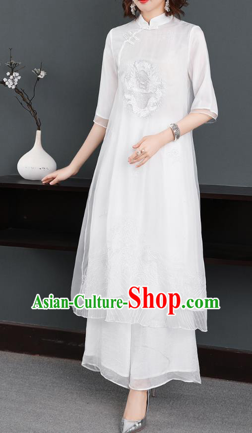 Chinese Women Classical Qipao Dress Traditional Embroidered Dragon White Chiffon Cheongsam Chinese Women Classical Qipao Dress Traditional Embroidered Dragon White Chiffon Cheongsam