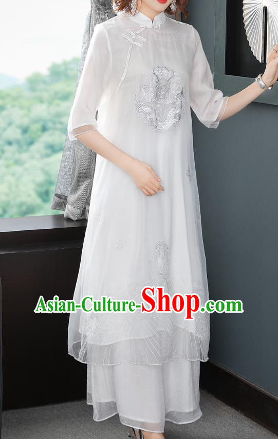 Chinese Women Classical Qipao Dress Traditional Embroidered Dragon White Chiffon Cheongsam Chinese Women Classical Qipao Dress Traditional Embroidered Dragon White Chiffon Cheongsam