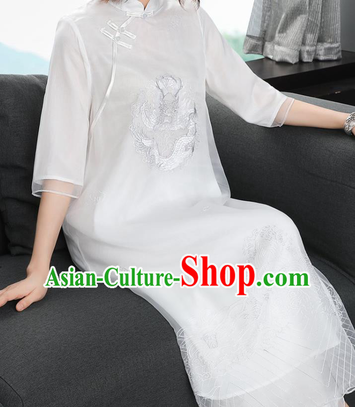 Chinese Women Classical Qipao Dress Traditional Embroidered Dragon White Chiffon Cheongsam Chinese Women Classical Qipao Dress Traditional Embroidered Dragon White Chiffon Cheongsam