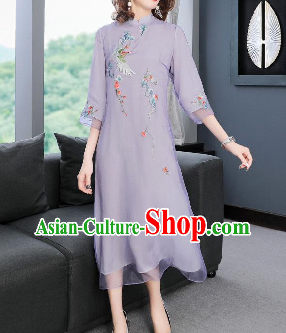 Chinese Women National Classical Qipao Dress Traditional Embroidered Crane Lilac Chiffon Cheongsam Chinese Women National Classical Qipao Dress Traditional Embroidered Crane Lilac Chiffon Cheongsam