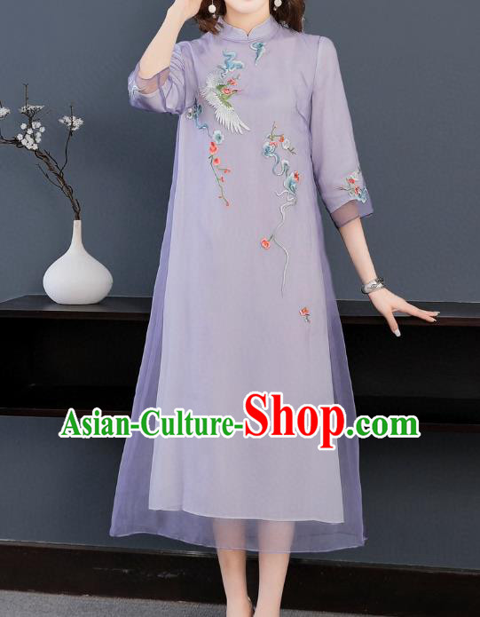 Chinese Women National Classical Qipao Dress Traditional Embroidered Crane Lilac Chiffon Cheongsam Chinese Women National Classical Qipao Dress Traditional Embroidered Crane Lilac Chiffon Cheongsam