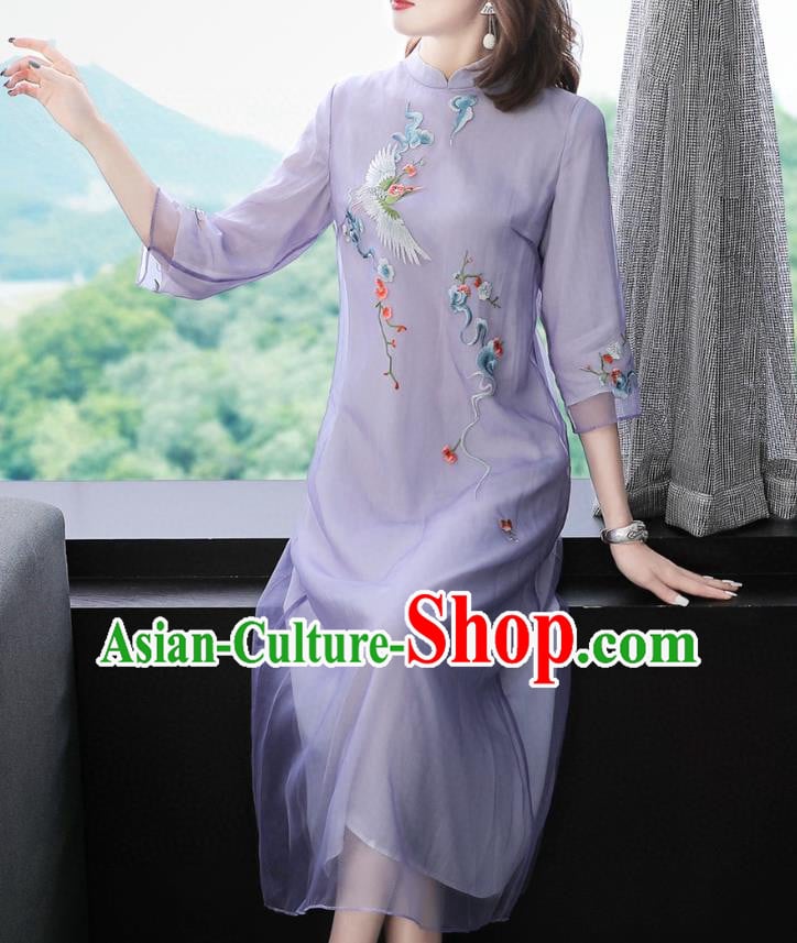 Chinese Women National Classical Qipao Dress Traditional Embroidered Crane Lilac Chiffon Cheongsam Chinese Women National Classical Qipao Dress Traditional Embroidered Crane Lilac Chiffon Cheongsam