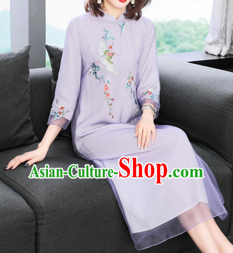 Chinese Women National Classical Qipao Dress Traditional Embroidered Crane Lilac Chiffon Cheongsam Chinese Women National Classical Qipao Dress Traditional Embroidered Crane Lilac Chiffon Cheongsam