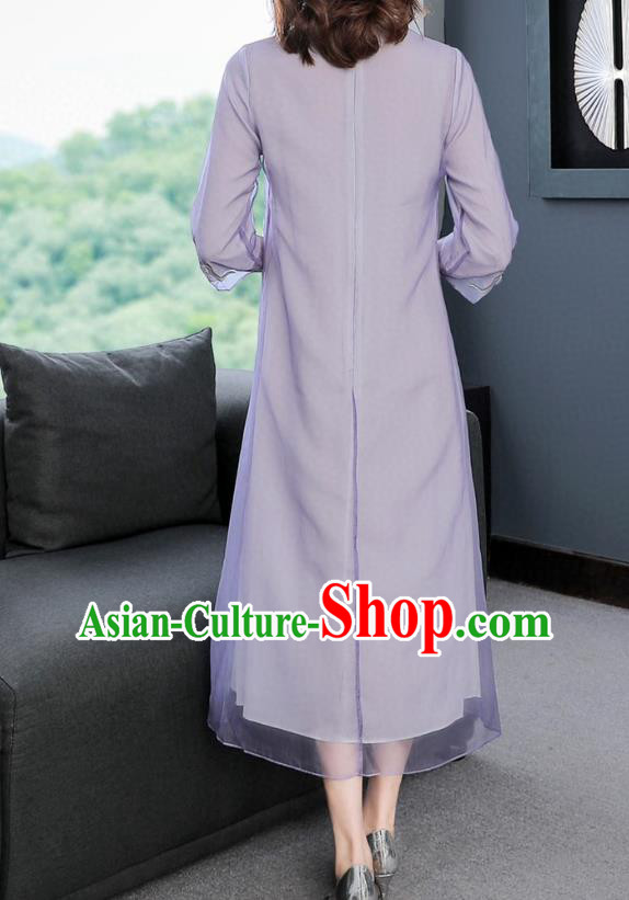 Chinese Women National Classical Qipao Dress Traditional Embroidered Crane Lilac Chiffon Cheongsam Chinese Women National Classical Qipao Dress Traditional Embroidered Crane Lilac Chiffon Cheongsam