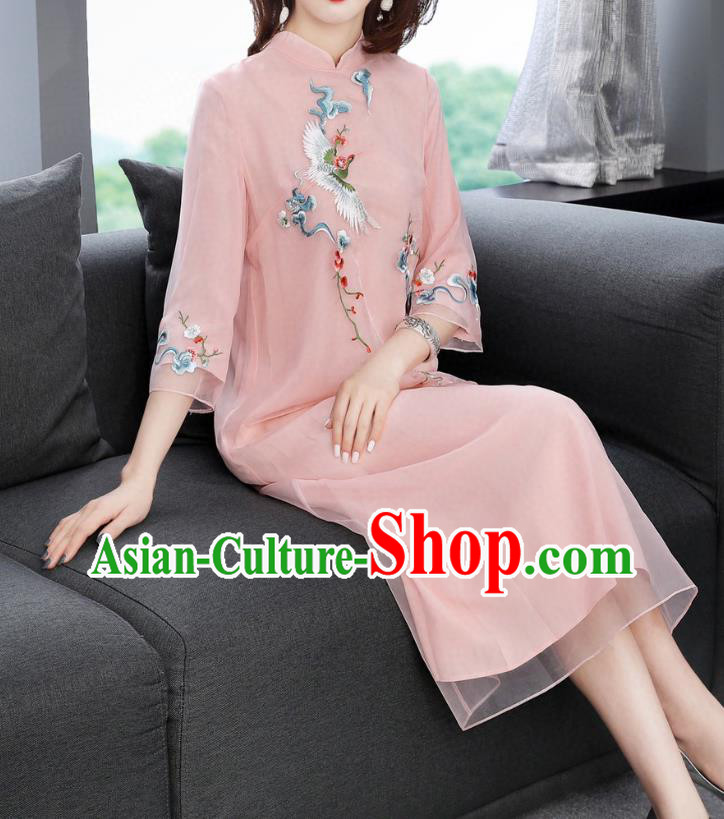 Chinese Traditional Embroidered Crane Pink Chiffon Cheongsam Women National Classical Qipao Dress Chinese Traditional Embroidered Crane Pink Chiffon Cheongsam Women National Classical Qipao Dress