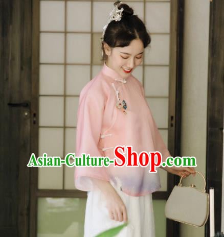 China Cheongsam Upper Outer Garment Tang Suit Blouse Clothing Classical Pink Chiffon Shirt China Cheongsam Upper Outer Garment Tang Suit Blouse Clothing Classical Pink Chiffon Shirt