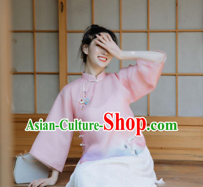 China Cheongsam Upper Outer Garment Tang Suit Blouse Clothing Classical Pink Chiffon Shirt China Cheongsam Upper Outer Garment Tang Suit Blouse Clothing Classical Pink Chiffon Shirt