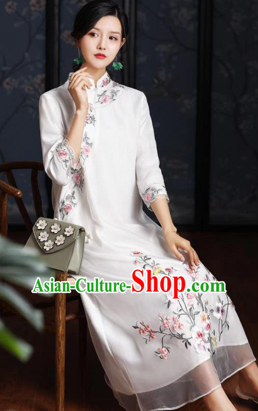 Chinese Traditional Women Cheongsam National Classical Embroidered White Organza Qipao Dress Chinese Traditional Women Cheongsam National Classical Embroidered White Organza Qipao Dress